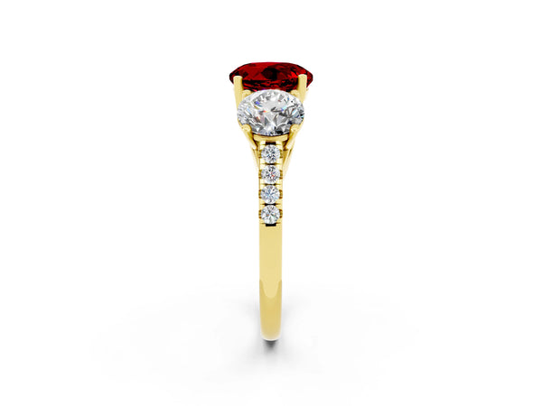 Yellow gold Three-Stone Round Cut Ruby Ring with Round  Pavé Band and Prong Setting