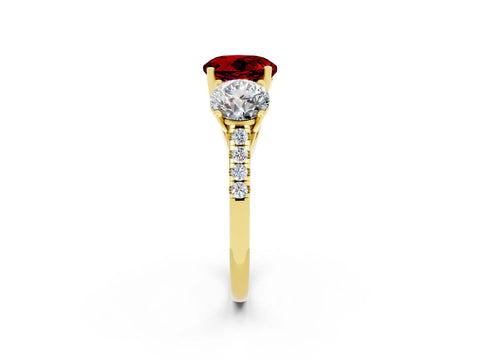 Yellow gold Three-Stone Round Cut Ruby Ring with Pavé Band and Prong Setting_14