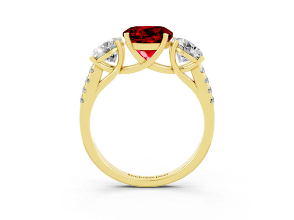 Yellow gold Three-Stone Round Cut Ruby Ring with Round  Pavé Band and Prong Setting