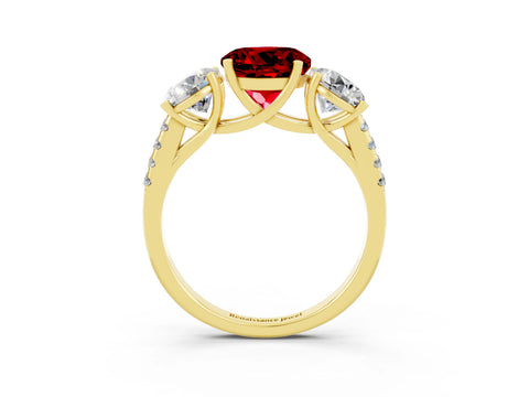 Yellow gold Three-Stone Round Cut Ruby Ring with Pavé Band and Prong Setting_15