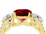 Yellow gold Three-Stone Round Cut Ruby Ring with Pavé Band and Prong Setting_16