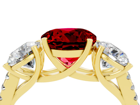Yellow gold Three-Stone Round Cut Ruby Ring with Pavé Band and Prong Setting_16