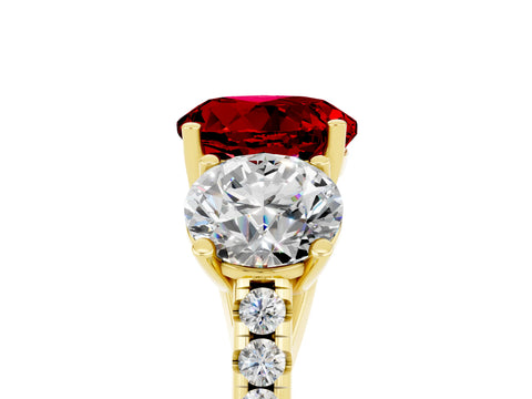 Yellow gold Three-Stone Round Cut Ruby Ring with Pavé Band and Prong Setting_17