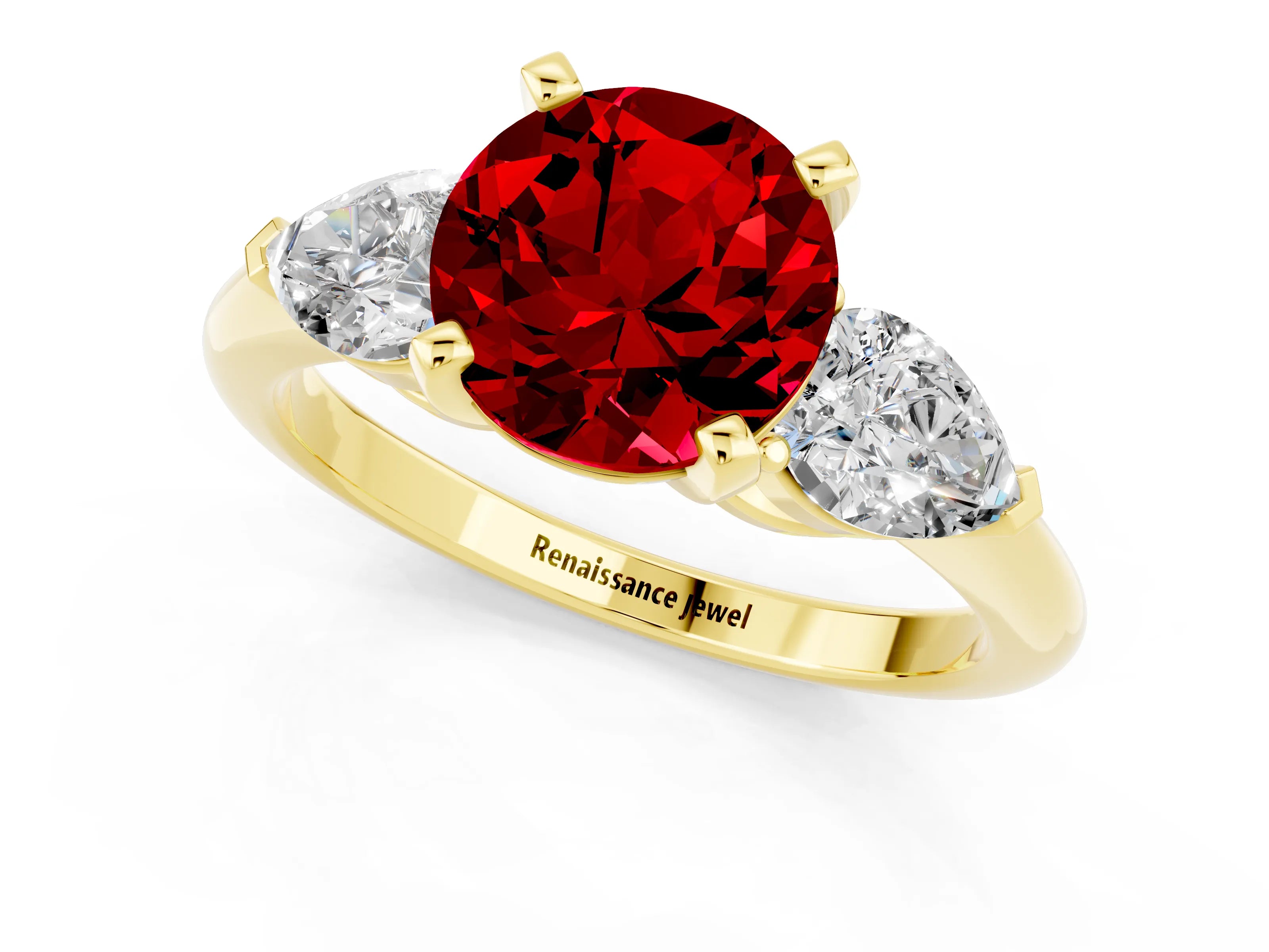 Yellow gold Three-Stone Round Cut Ruby Ring with Pear Side Stones and Four-Prong Setting_1