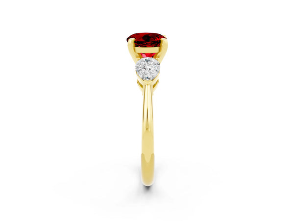 Yellow gold Three-Stone Round Cut Ruby Ring with Pear Side Stones and Four-Prong Setting