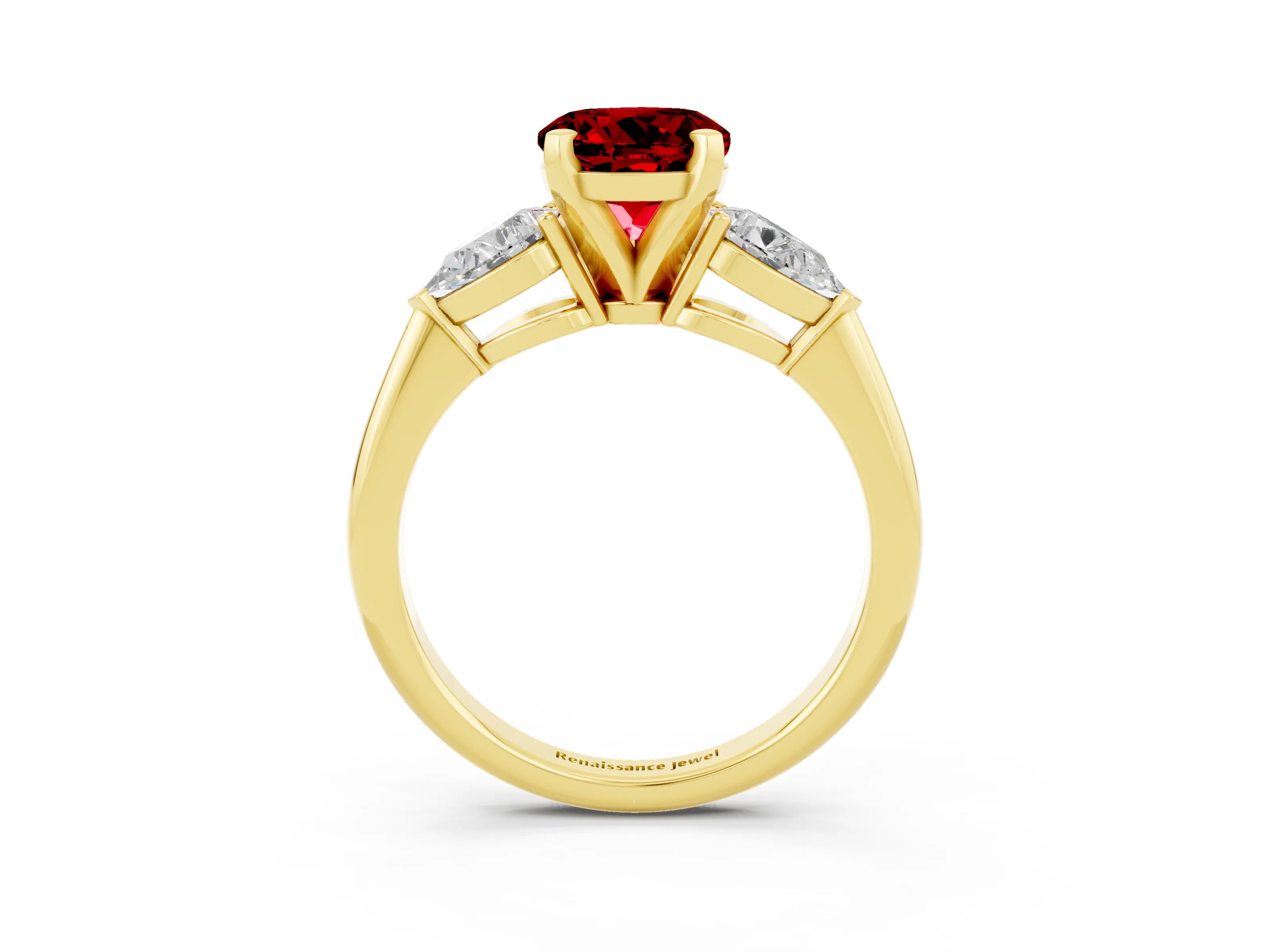Yellow gold Three-Stone Round Cut Ruby Ring with Pear Side Stones and Four-Prong Setting_3