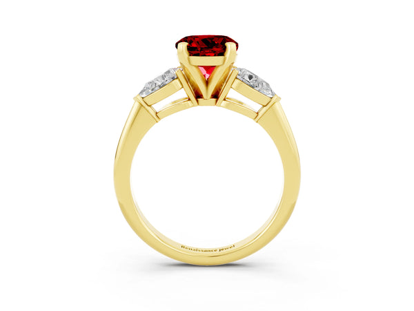 Yellow gold Three-Stone Round Cut Ruby Ring with Pear Side Stones and Four-Prong Setting