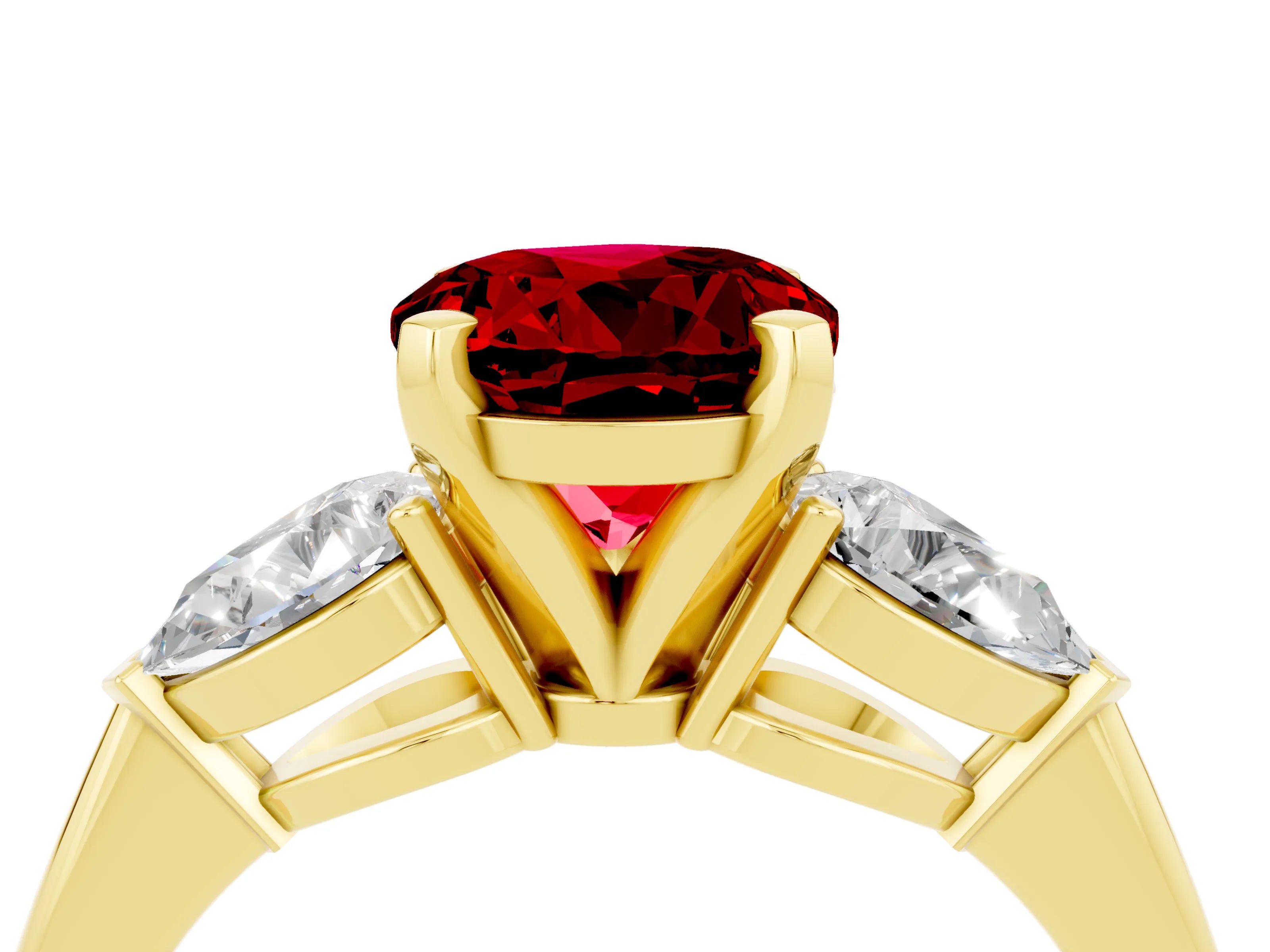 Yellow gold Three-Stone Round Cut Ruby Ring with Pear Side Stones and Four-Prong Setting_4