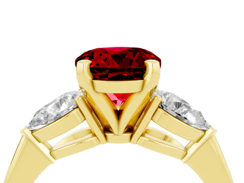 Yellow gold Three-Stone Round Cut Ruby Ring with Pear Side Stones and Four-Prong Setting_4