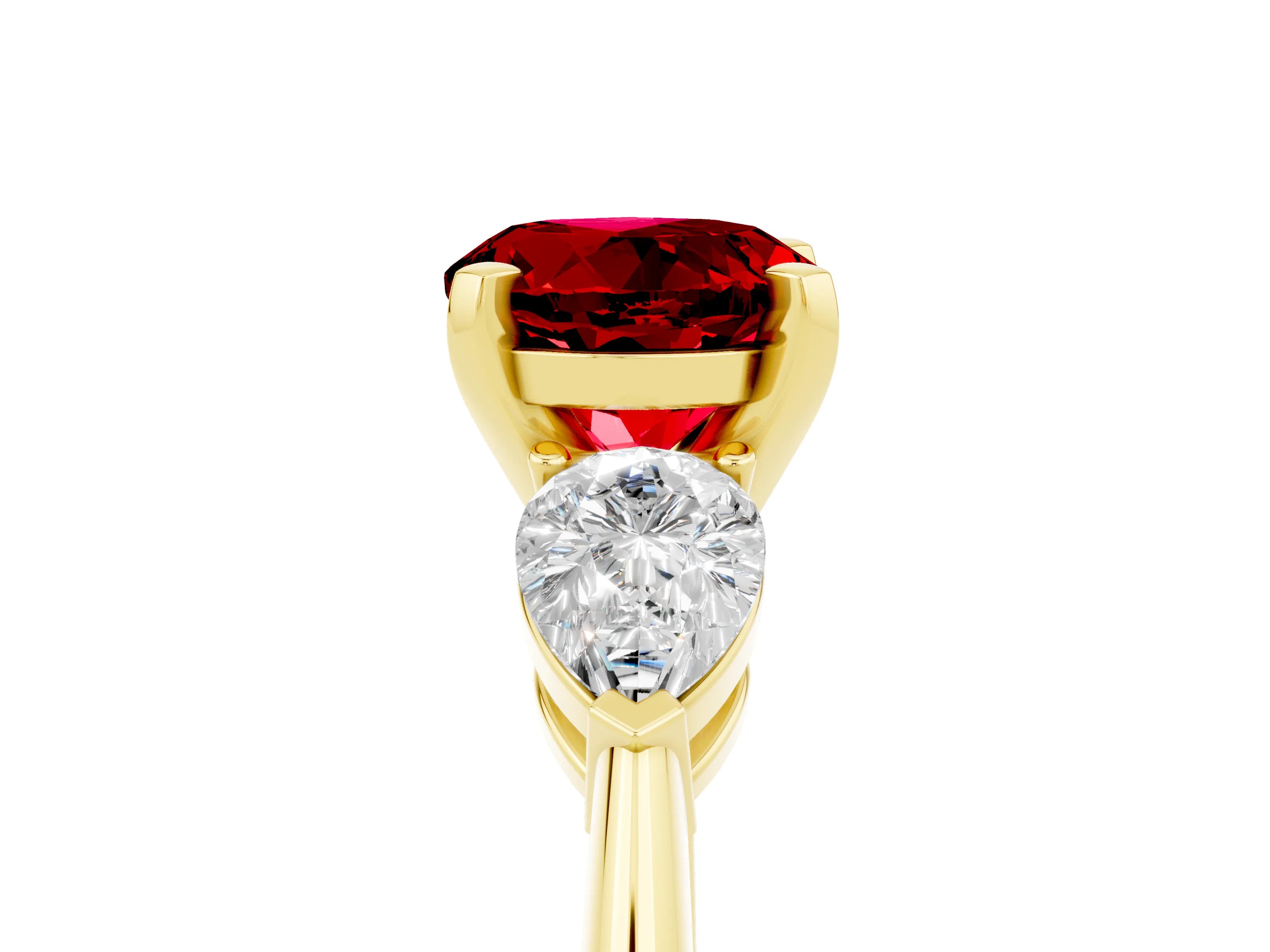 Yellow gold Three-Stone Round Cut Ruby Ring with Pear Side Stones and Four-Prong Setting_5