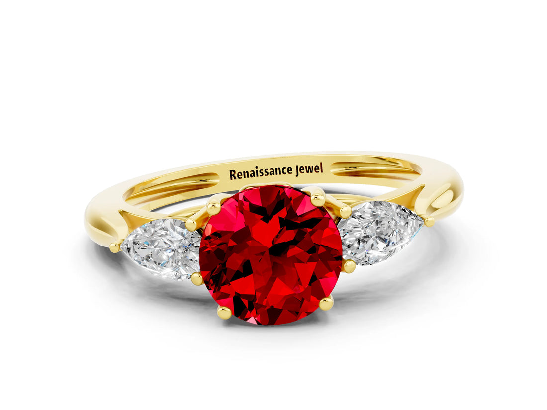 Yellow gold Three-Stone Round Cut Ruby Ring with Pear  Side Stones in Four-Prong Setting_12
