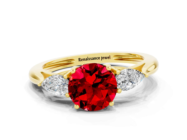 Yellow Gold Round Lab-Grown Ruby Three Stone Engagement Ring with Pear Side Stones and Thin Band