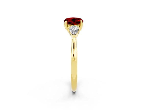 Yellow Gold Round Lab-Grown Ruby Three Stone Engagement Ring with Pear Side Stones and Thin Band