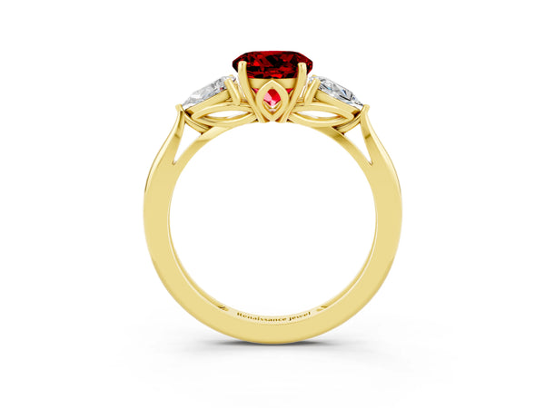 Yellow Gold Round Lab-Grown Ruby Three Stone Engagement Ring with Pear Side Stones and Thin Band
