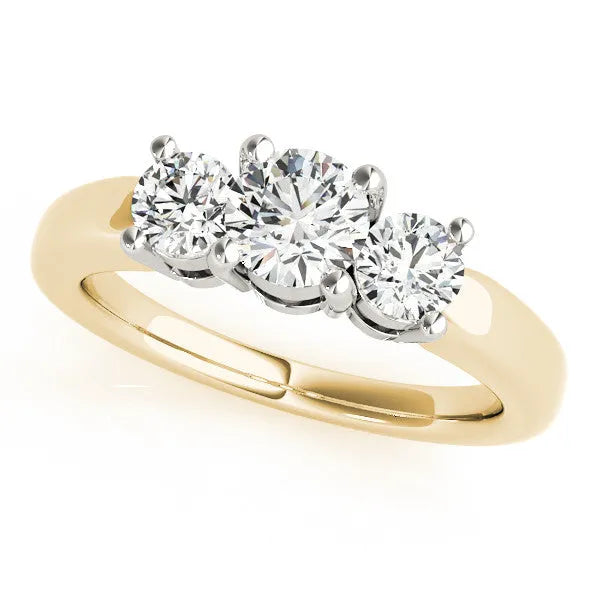 Yellow gold Three-Stone Round Cut Solitaire Ring with Cathedral Band and Four-Prong Setting