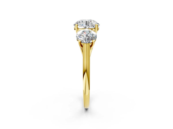 Yellow Gold Round Three Stone Engagement Ring Setting with Close-Set Sides and Trellis Prongs