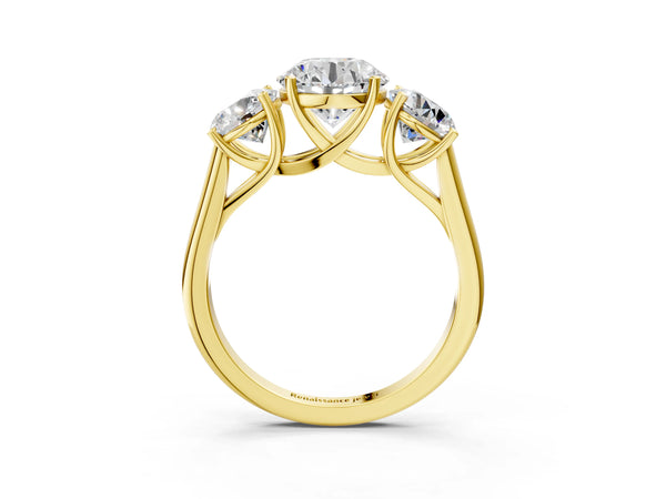 Yellow Gold Round Three Stone Engagement Ring Setting with Close-Set Sides and Trellis Prongs