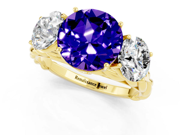 Yellow gold Three-Stone Round Cut Tanzanite Braided Band Ring with Four-Prong Setting