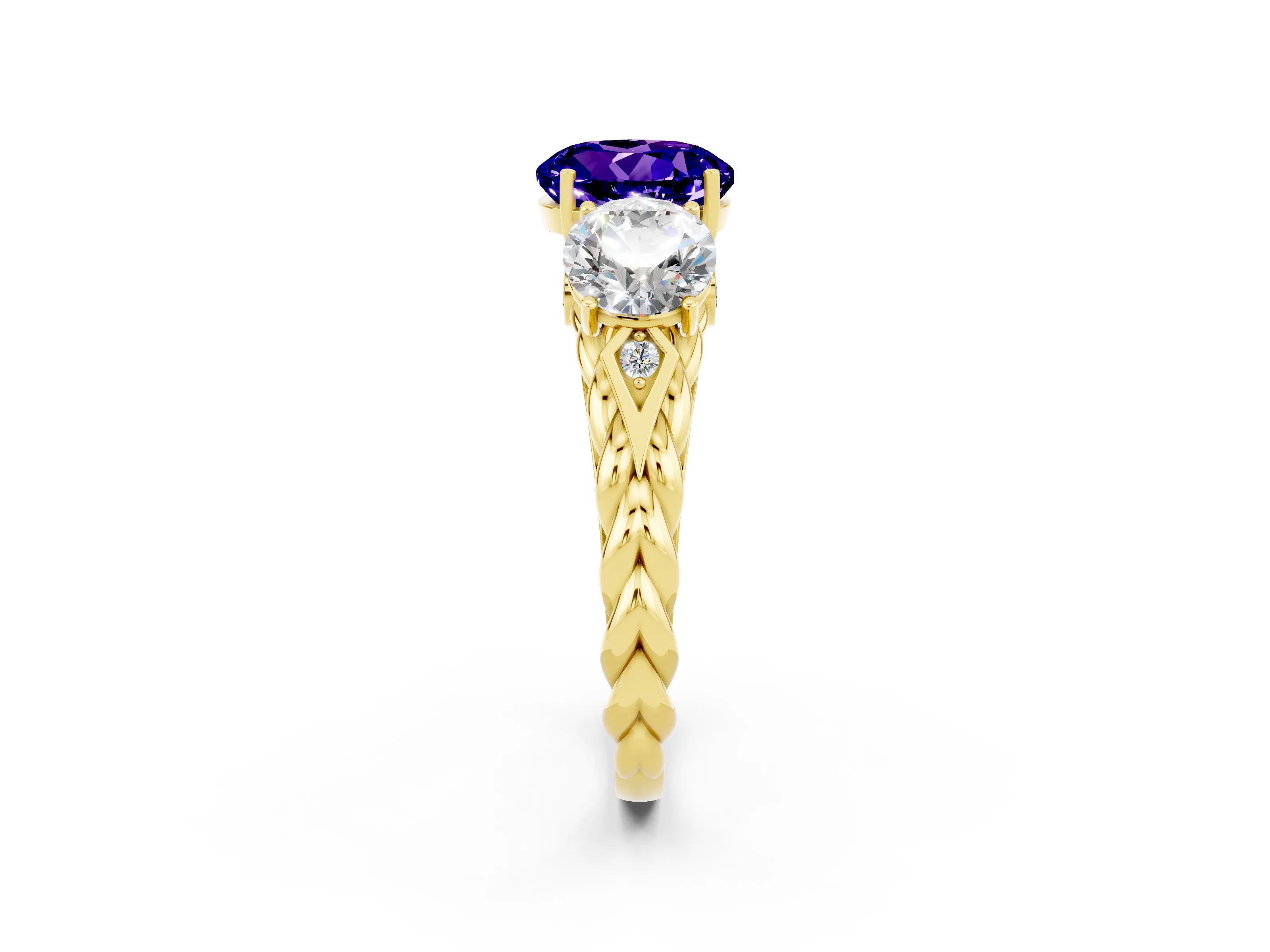 Yellow gold Three-Stone Round Cut Tanzanite Braided Band Ring with Four-Prong Setting_14