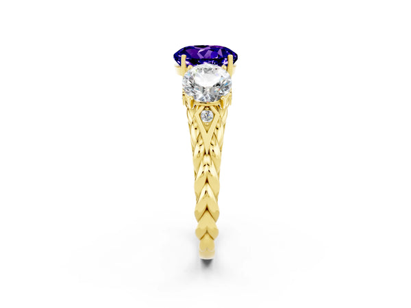 Yellow gold Three-Stone Round Cut Tanzanite Braided Band Ring with Four-Prong Setting