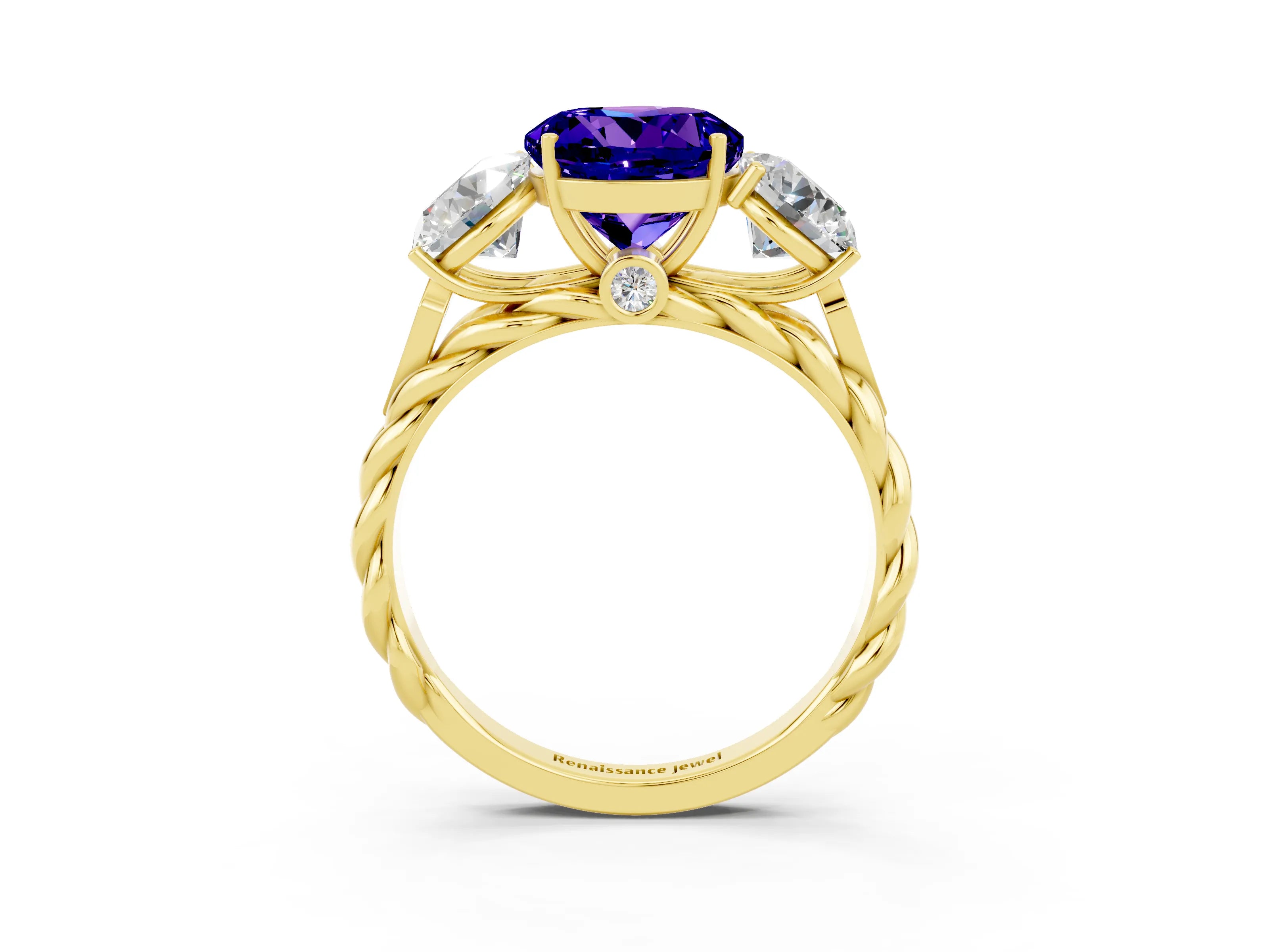 Yellow gold Three-Stone Round Cut Tanzanite Braided Band Ring with Four-Prong Setting_15