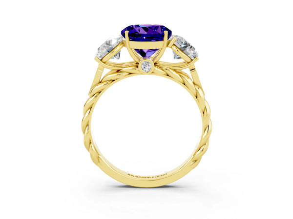Yellow gold Three-Stone Round Cut Tanzanite Braided Band Ring with Four-Prong Setting