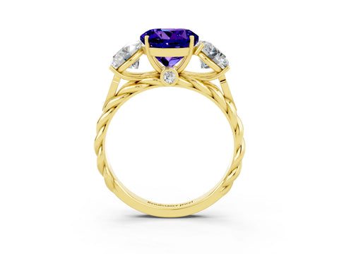 Yellow gold Three-Stone Round Cut Tanzanite Braided Band Ring with Four-Prong Setting_15