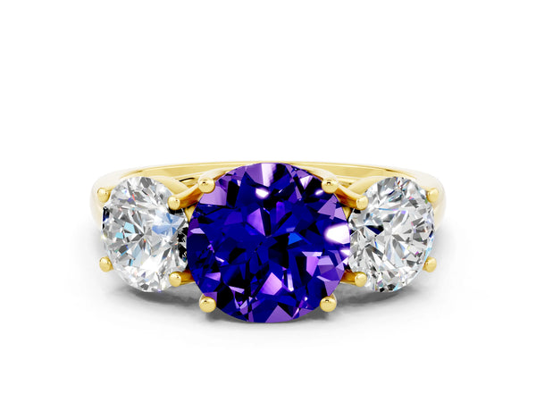 Yellow gold Three-Stone Round Cut Tanzanite Engagement Ring with Prong Setting