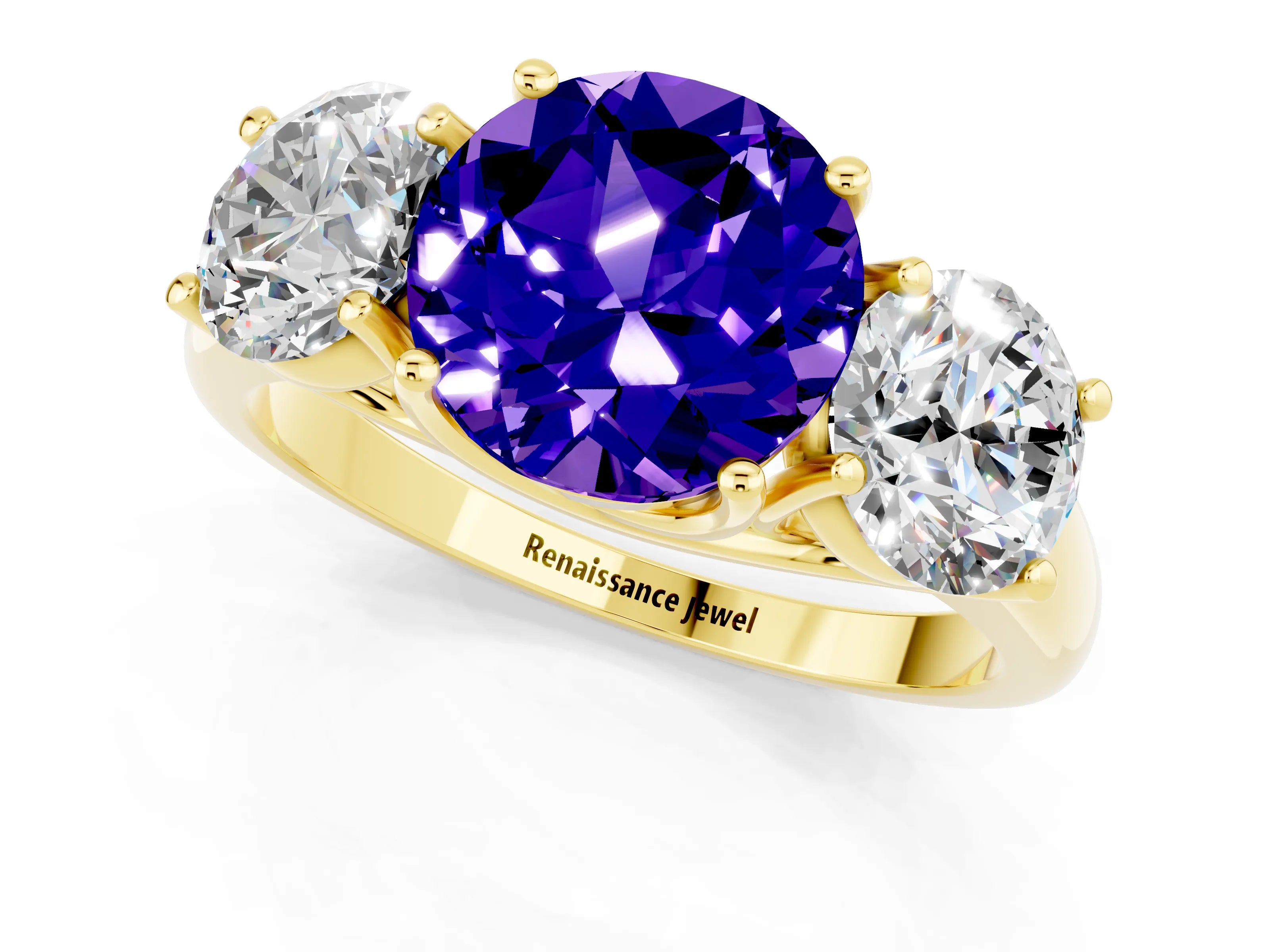Yellow gold Three-Stone Round Cut Tanzanite Engagement Ring with Prong Setting_1