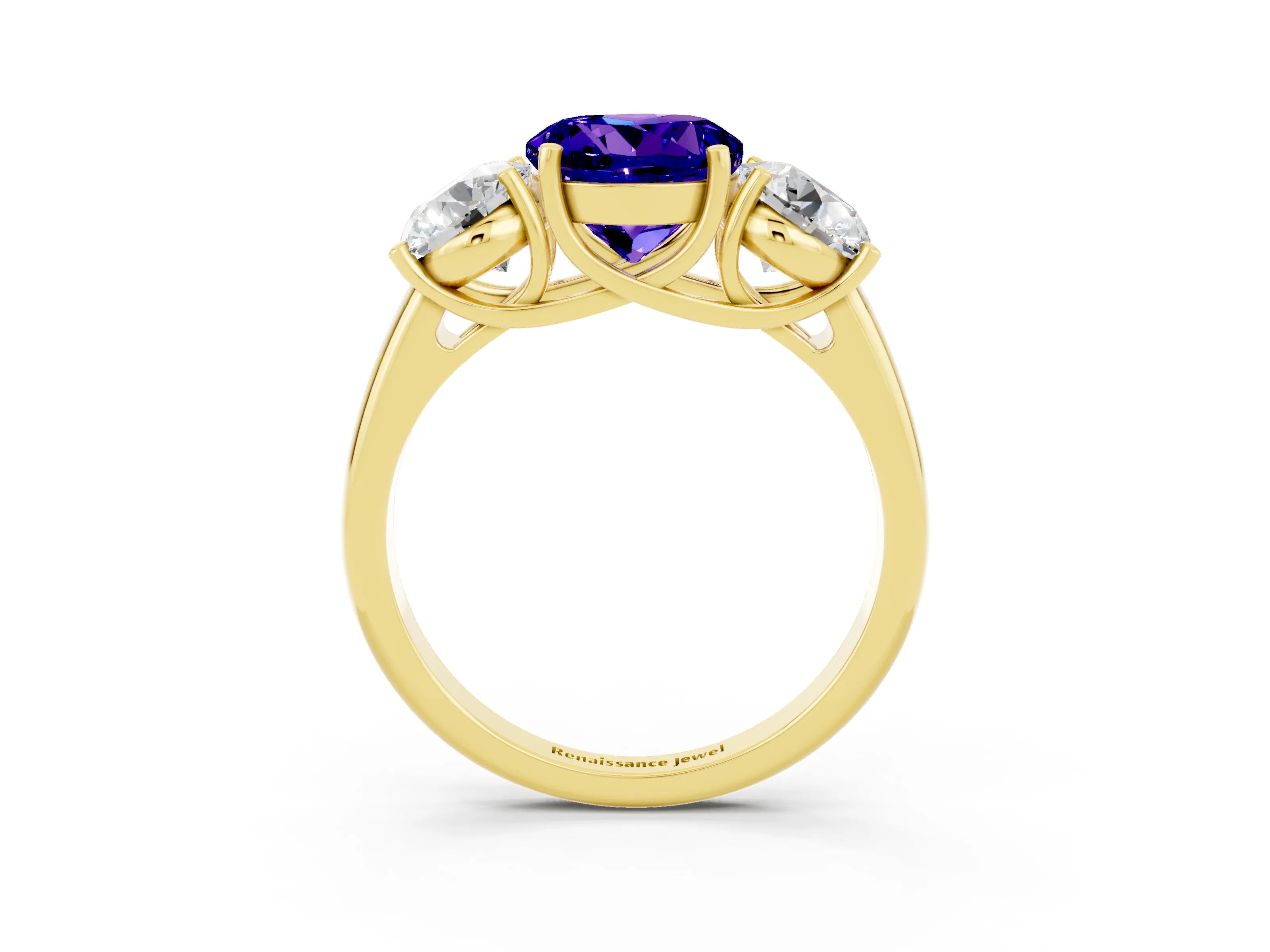 Yellow gold Three-Stone Round Cut Tanzanite Engagement Ring with Prong Setting_3