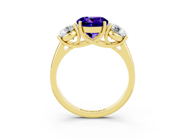 Yellow gold Three-Stone Round Cut Tanzanite Engagement Ring with Prong Setting