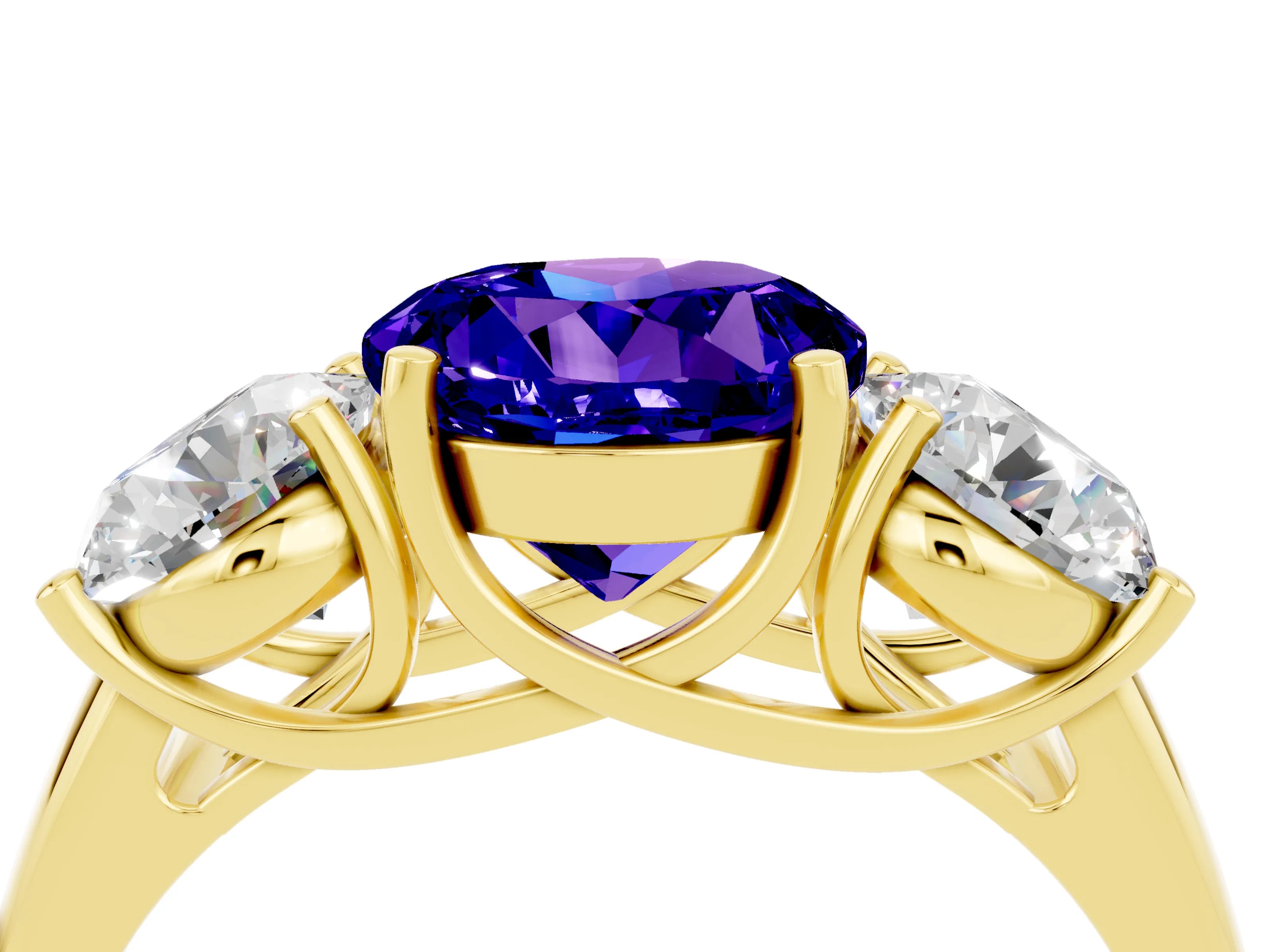 Yellow gold Three-Stone Round Cut Tanzanite Engagement Ring with Prong Setting_4