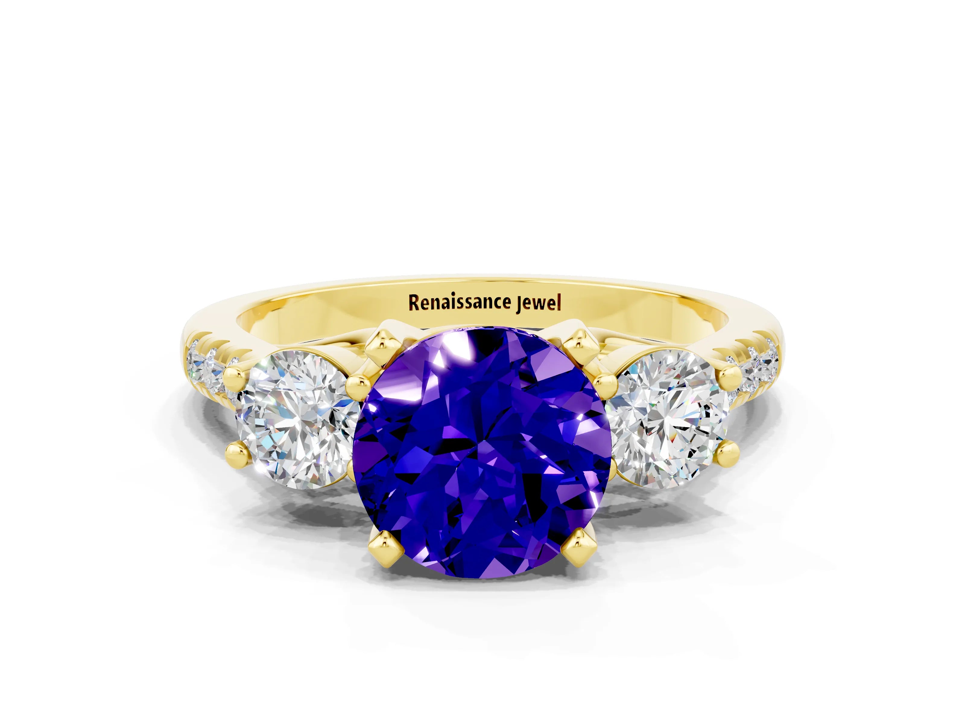 Yellow gold Three-Stone Round Cut Tanzanite Pavé Band with Four-Prong Setting