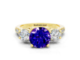Yellow gold Three-Stone Round Cut Tanzanite Pavé Band with Four-Prong Setting