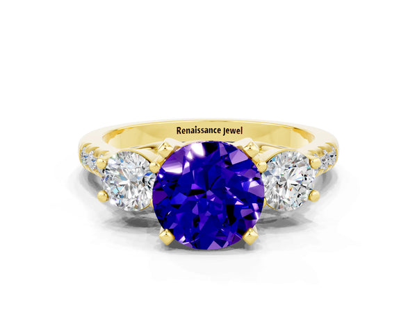 Yellow gold Three-Stone Round Cut Tanzanite Pavé Band with Four-Prong Setting