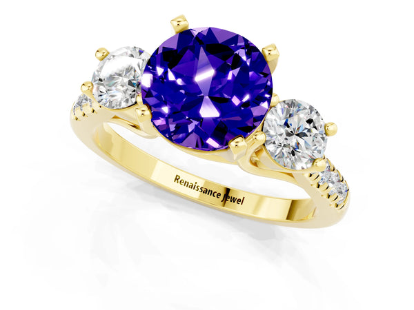 Yellow gold Three-Stone Round Cut Tanzanite Pavé Band with Four-Prong Setting