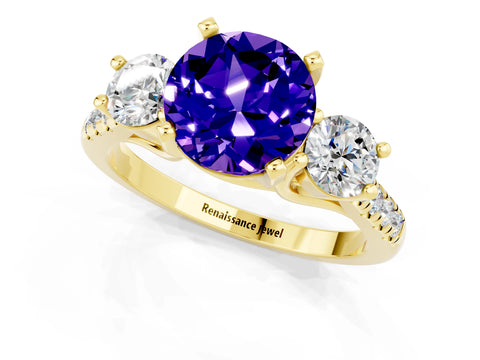 Yellow gold Three-Stone Round Cut Tanzanite Pavé Band with Four-Prong Setting_1