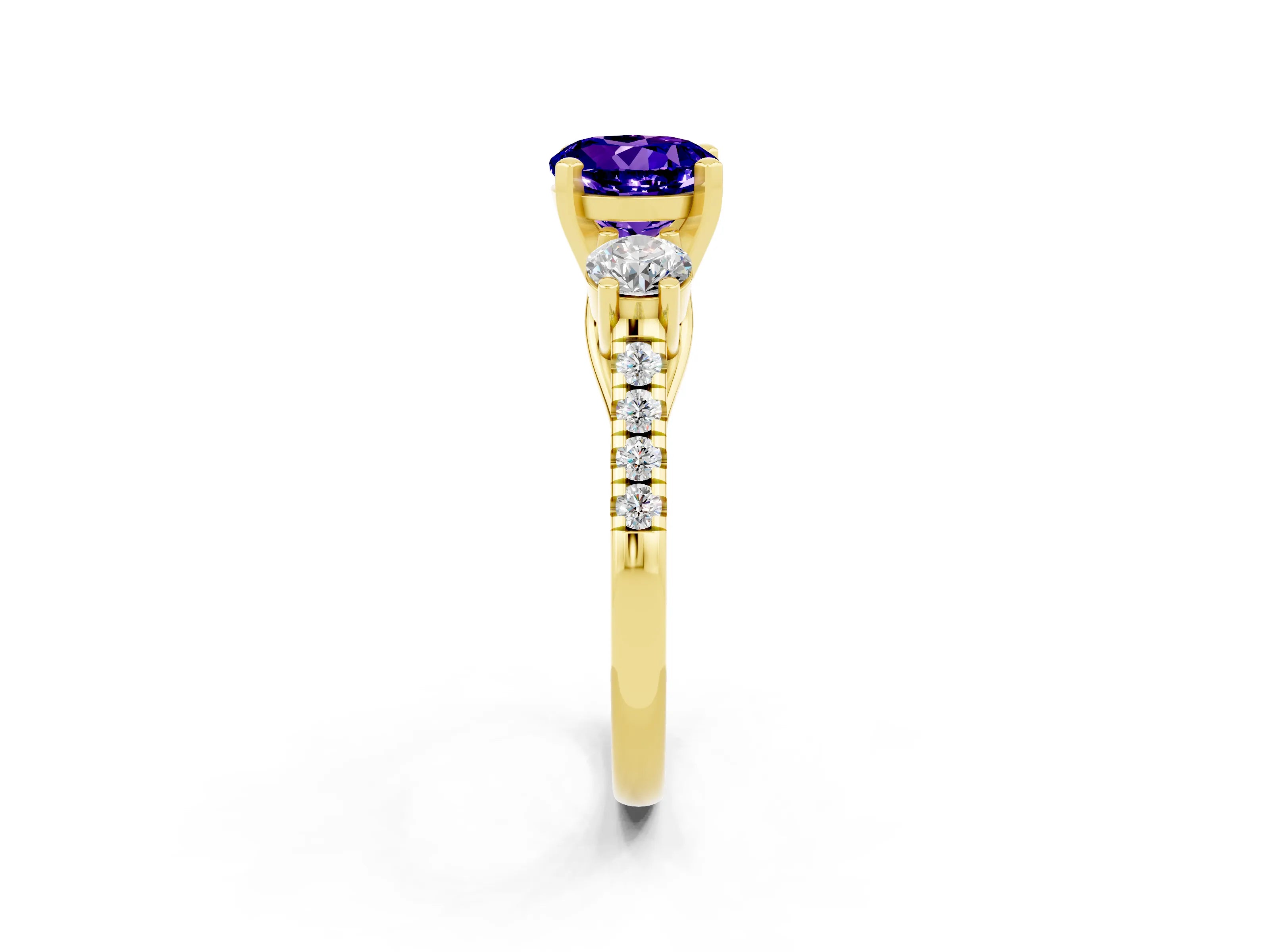 Yellow gold Three-Stone Round Cut Tanzanite Pavé Band with Four-Prong Setting_2
