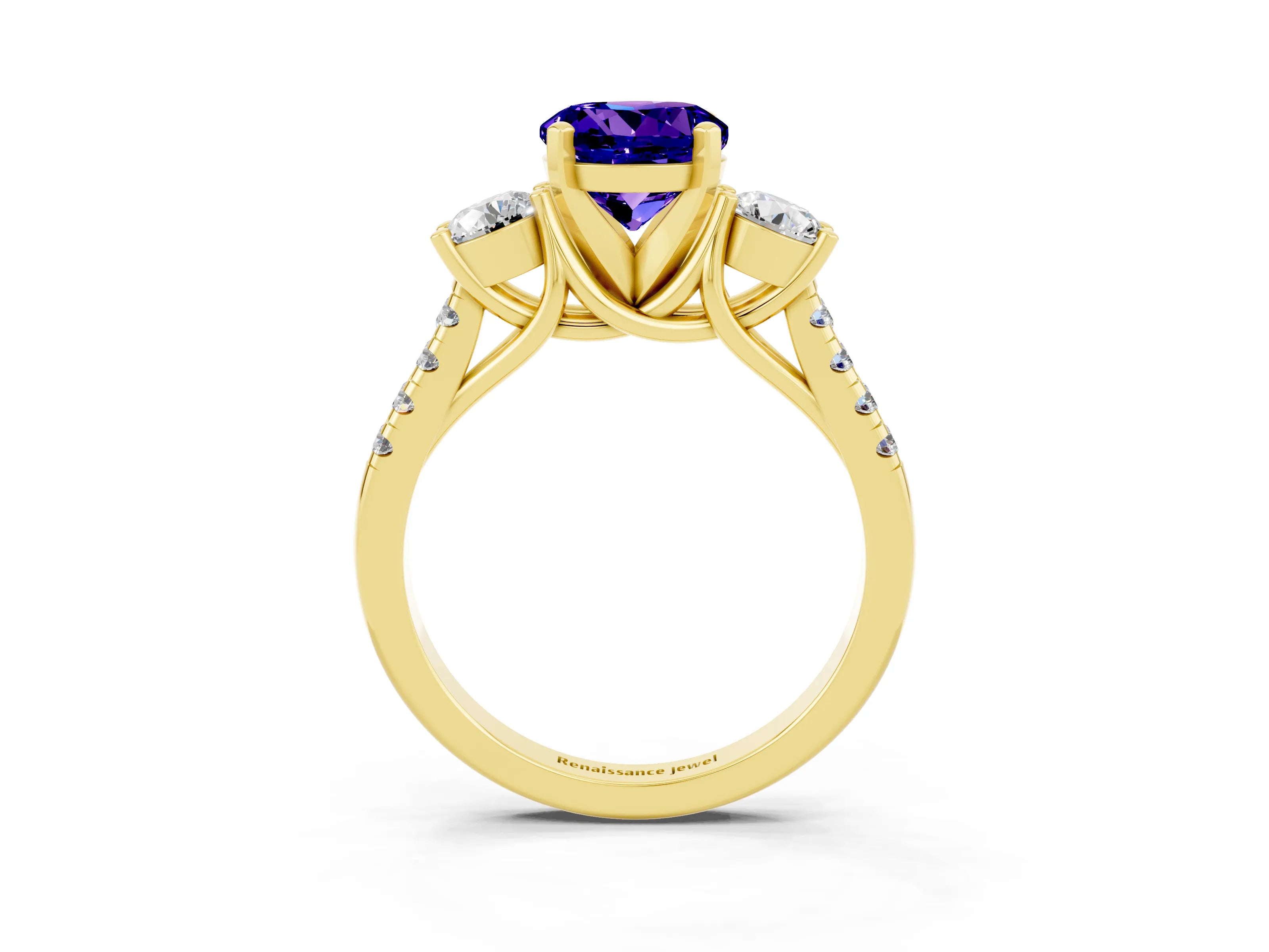 Yellow gold Three-Stone Round Cut Tanzanite Pavé Band with Four-Prong Setting_3