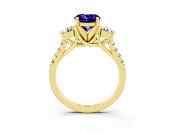 Yellow gold Three-Stone Round Cut Tanzanite Pavé Band with Four-Prong Setting