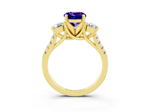 Yellow gold Three-Stone Round Cut Tanzanite Pavé Band with Four-Prong Setting_3
