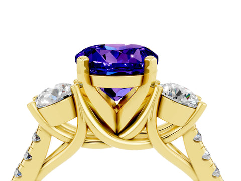 Yellow gold Three-Stone Round Cut Tanzanite Pavé Band with Four-Prong Setting_4