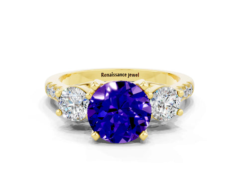 Yellow gold Three-Stone Round Cut Tanzanite Pavé Band with Four-Prong Setting
