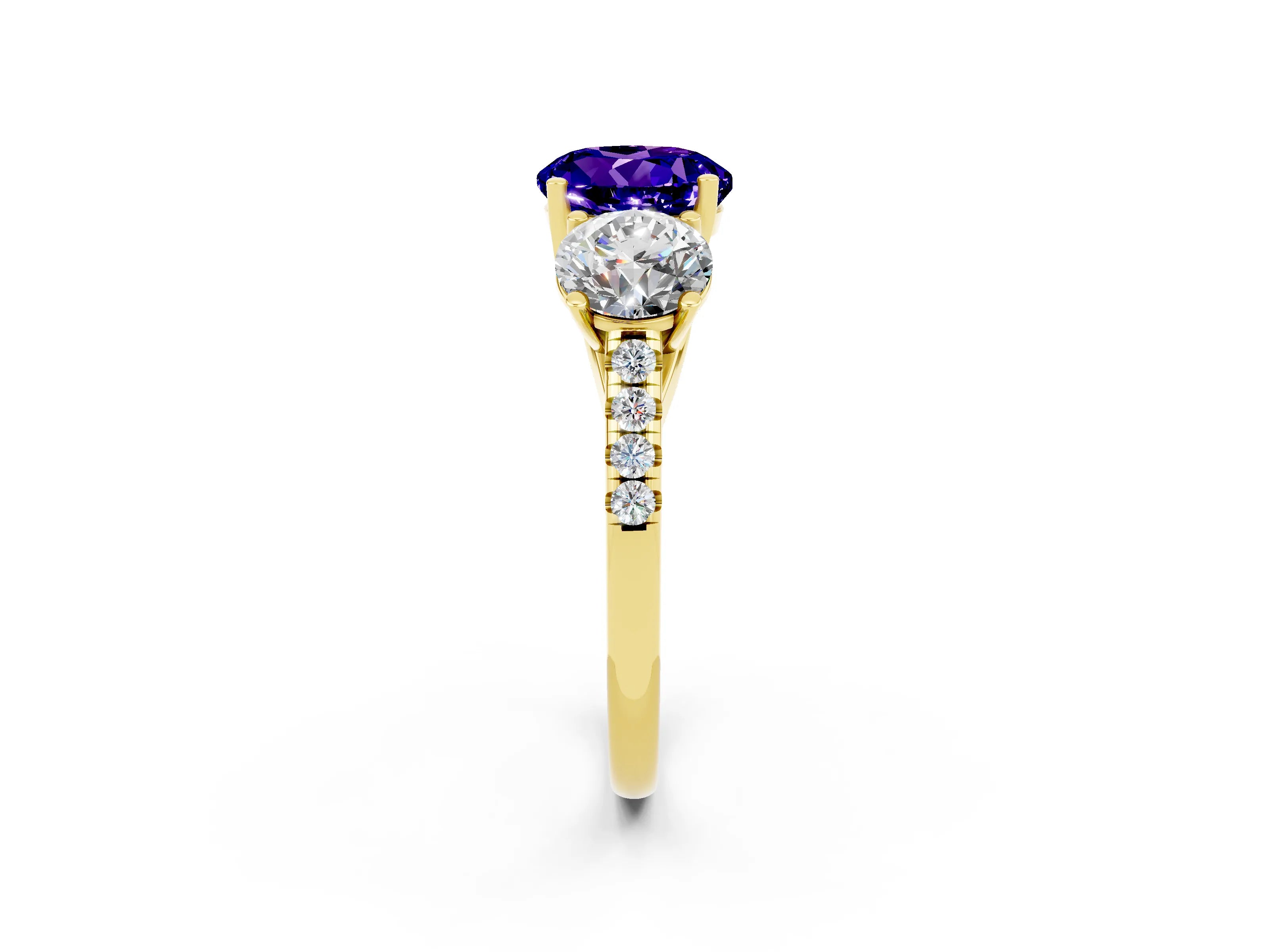 Yellow gold Three-Stone Round Cut Tanzanite Ring with Pavé Band and Prong Setting_14