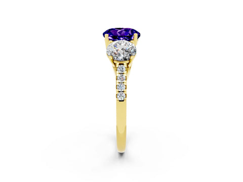 Yellow gold Three-Stone Round Cut Tanzanite Ring with Pavé Band and Prong Setting_14
