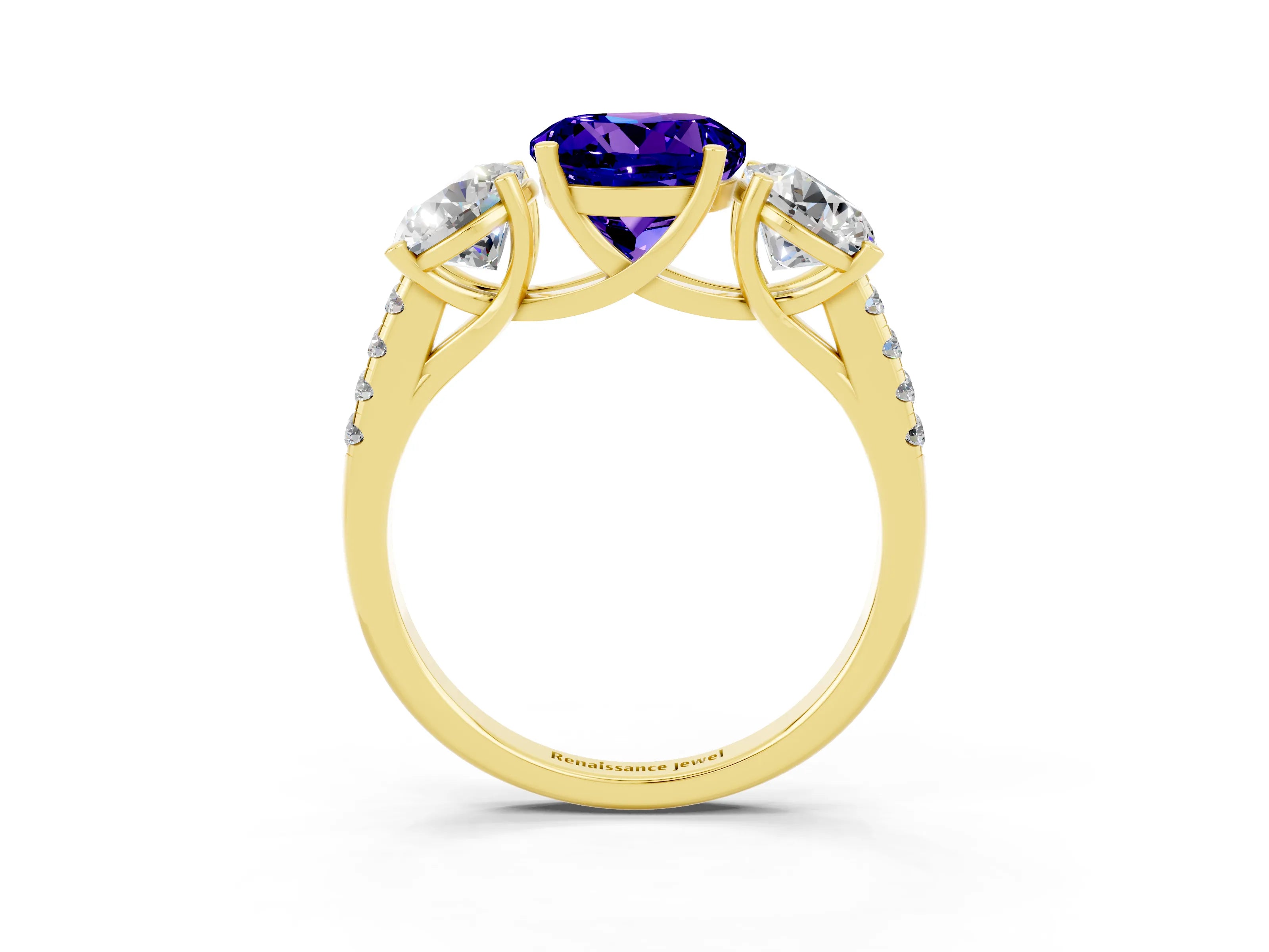 Yellow gold Three-Stone Round Cut Tanzanite Ring with Pavé Band and Prong Setting_15