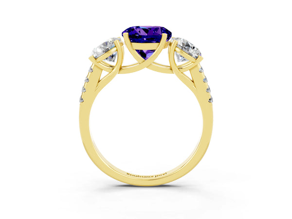 Yellow gold Three-Stone Round Cut Tanzanite Ring with Round  Pavé Band and Prong Setting