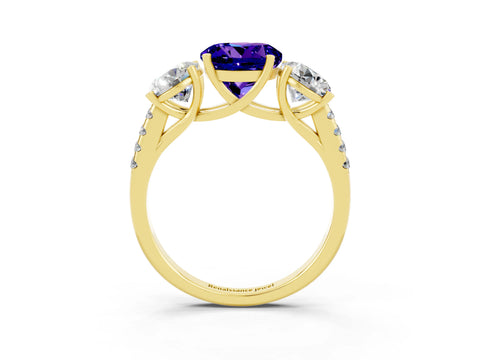 Yellow gold Three-Stone Round Cut Tanzanite Ring with Pavé Band and Prong Setting_15