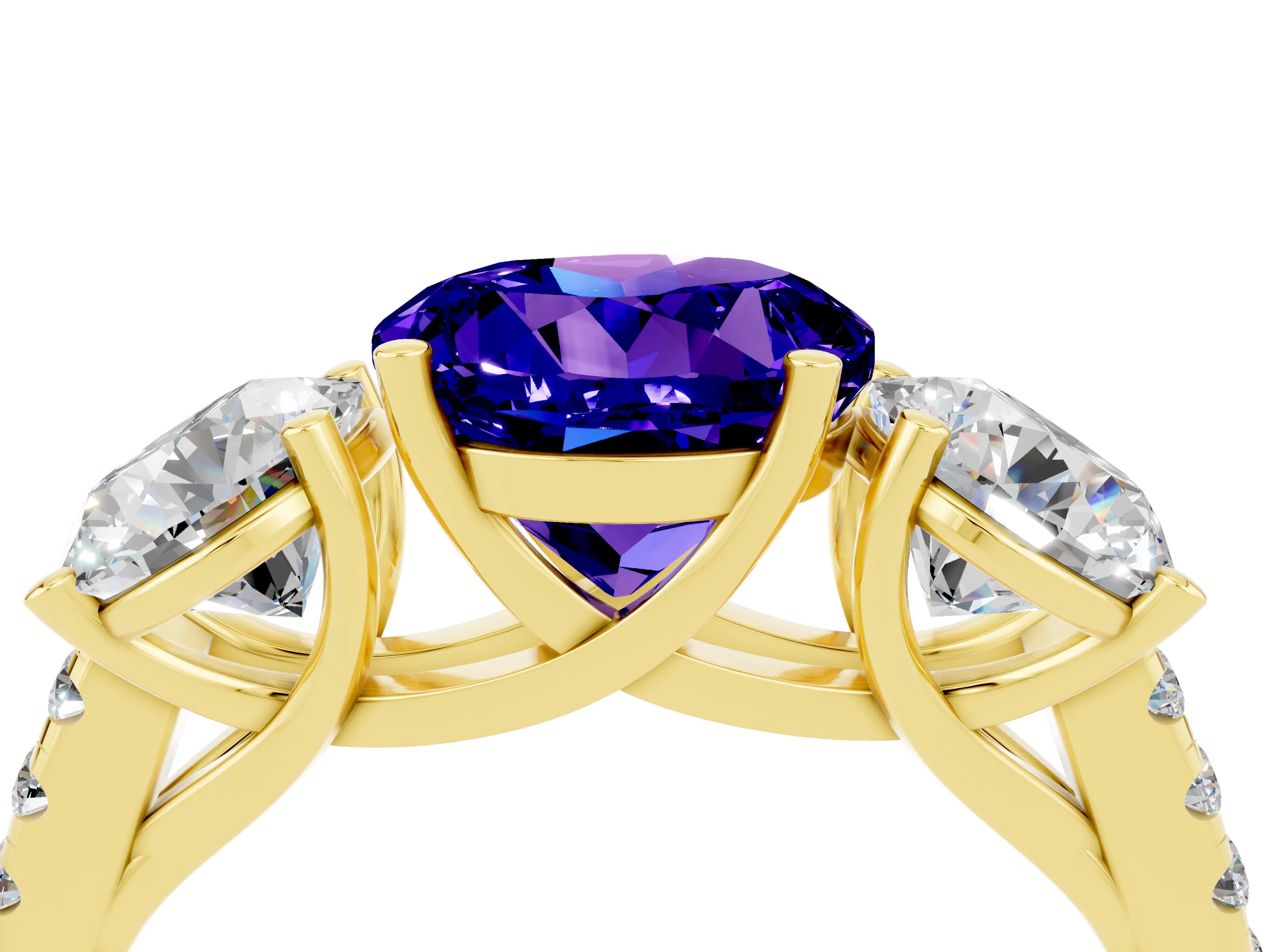 Yellow gold Three-Stone Round Cut Tanzanite Ring with Pavé Band and Prong Setting_16