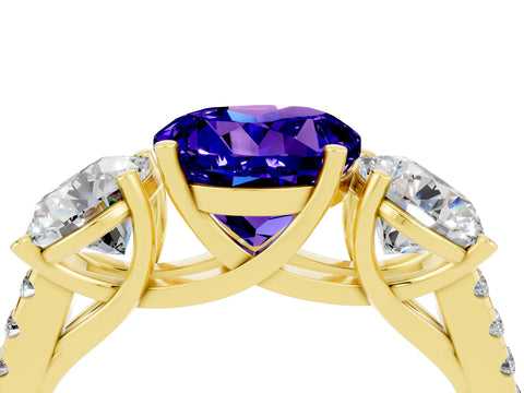 Yellow gold Three-Stone Round Cut Tanzanite Ring with Pavé Band and Prong Setting_16